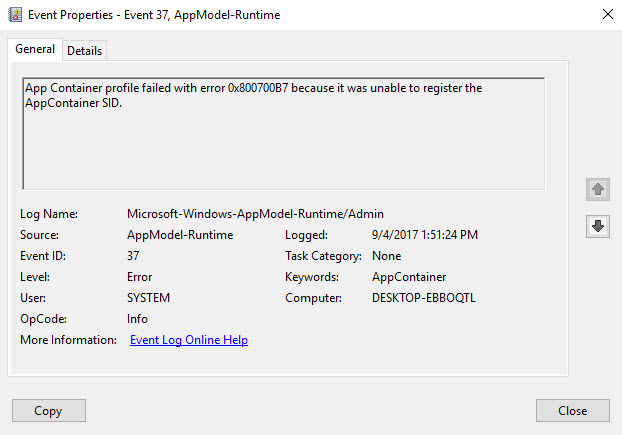 App Container Profile Failed With Error 0x800700B7 Because It Was Unable To Register The AppContainer SID