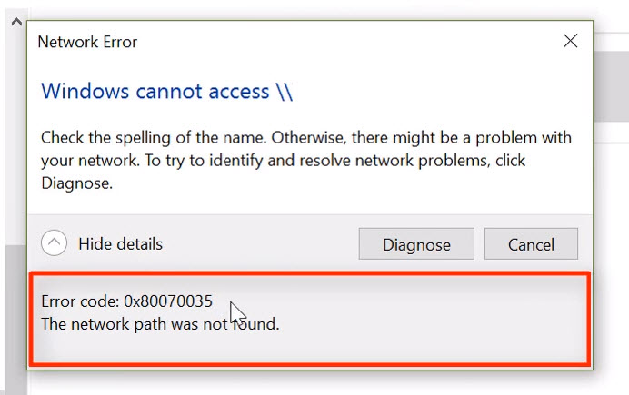 Error code: 0x80070035 The network path was not found in Windows 10