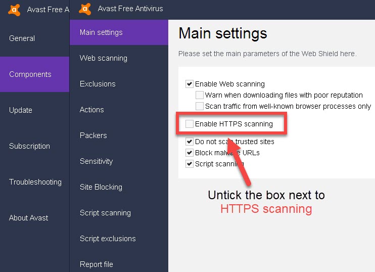 disable the HTTPS Scanning feature