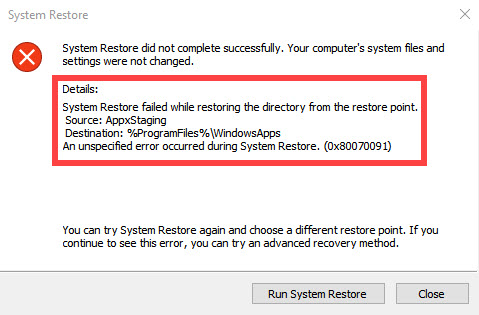 System Restore Error 0x80070091 in Windows 10