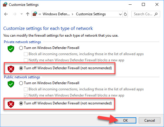 Turn off Windows Defender Firewall