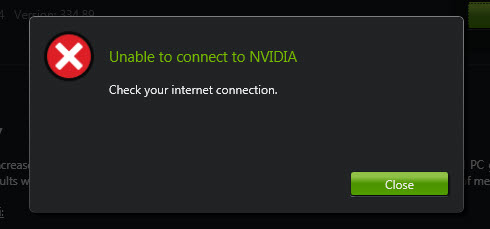 Unable to connect to NVIDIA. Check your internet connection.