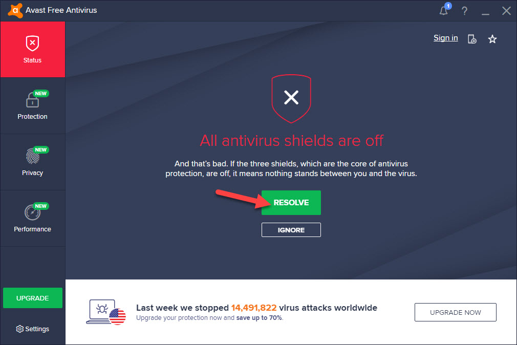 avast 2018 is disabled/turned off