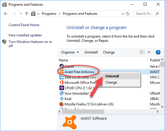 Remove Avast Antivirus from Add/Remove Programs