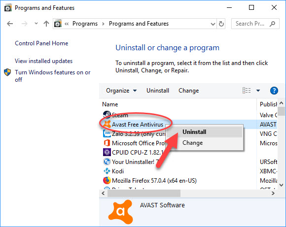 remove avast antivirus from windows 10