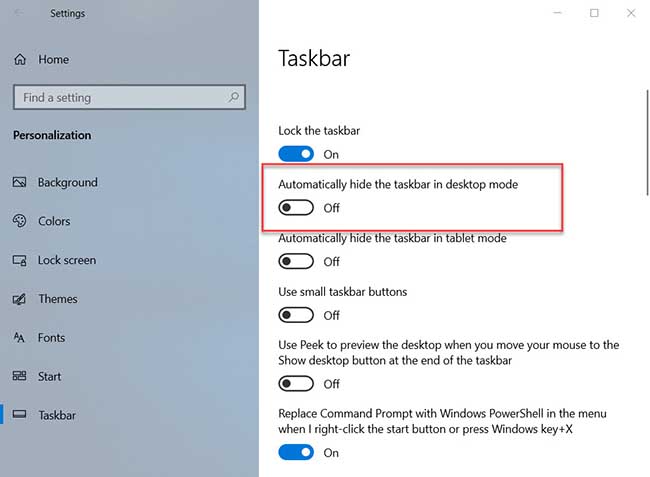 Turn Off Auto-hide Taskbar in Desktop Mode in Settings