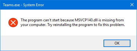 The program can’t start because MSVCP140.dll is missing from your computer.