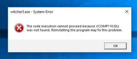 The code execution cannot proceed because VCOMP110.DLL was not found. Reinstalling the application may fix this problem.
