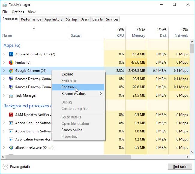 Close and restart Chrome using the Task Manager