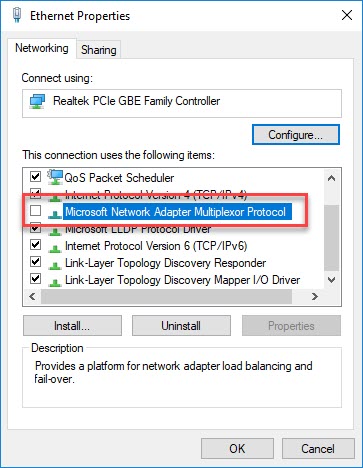 Disable Microsoft Network Adapter Multiplexor Protocol