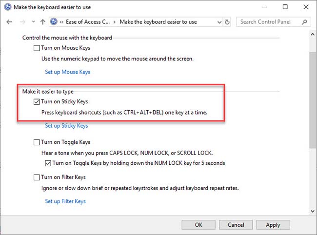 Turn on Sticky Keys