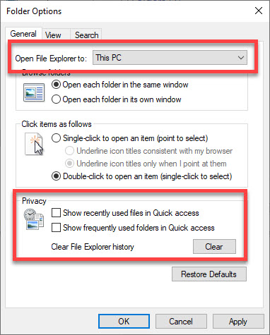 disable quick access in windows10 file explorer - 1