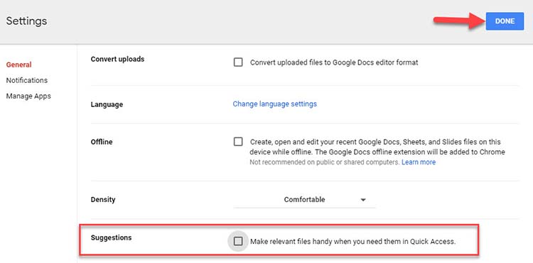 how to hide quick access in google drive