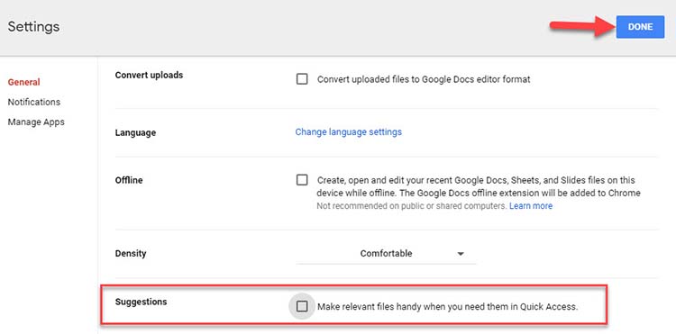 google drive turn off quick access