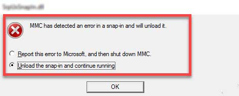 MMC has detected an error in snap-in and will unload it