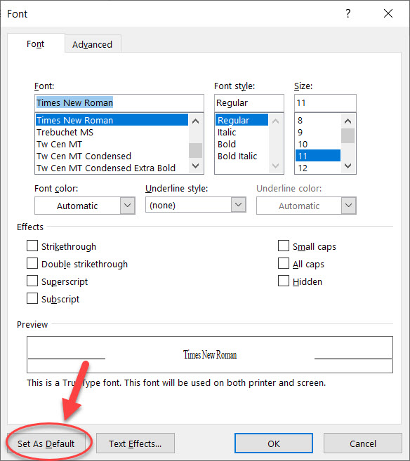 set default font in word 2019