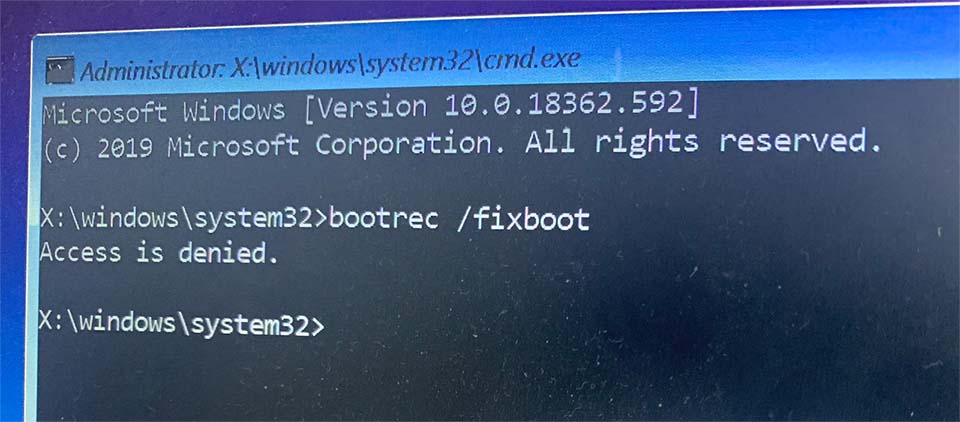 bootrec /fixboot access is denied windows 10
