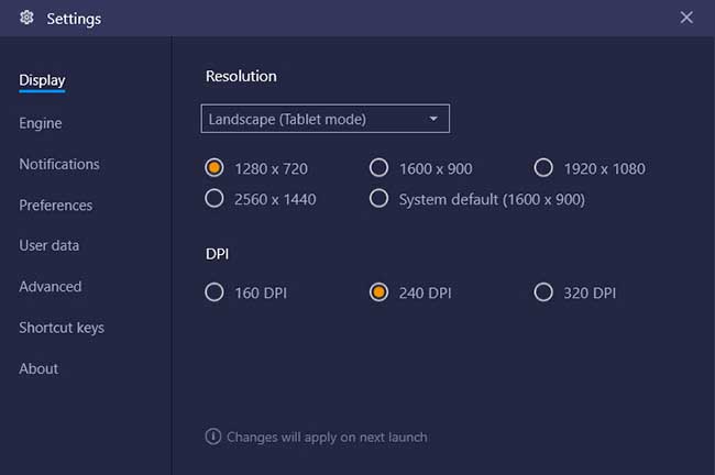 Bluestacks Display settings