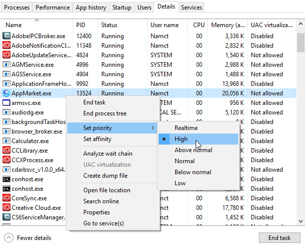 Change the Priority of Gameloop Emulator in Task Manager
