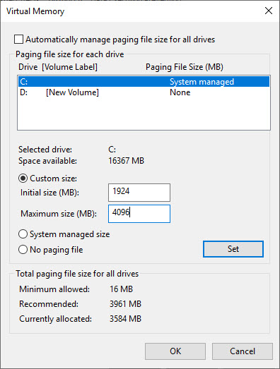 Increasing Virtual Memory in Windows 10