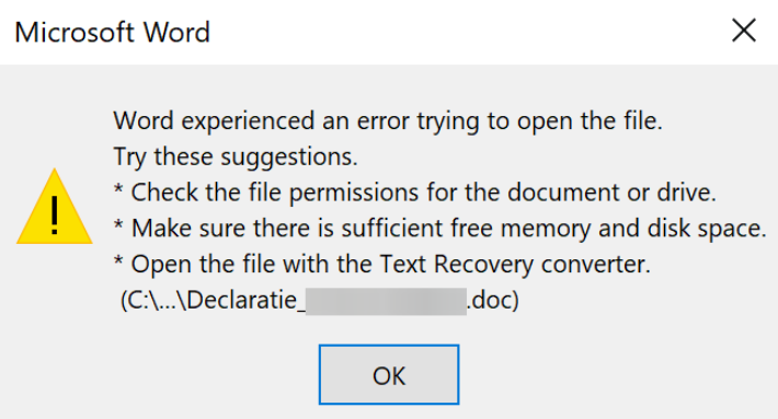 Word experienced an error trying to open the file