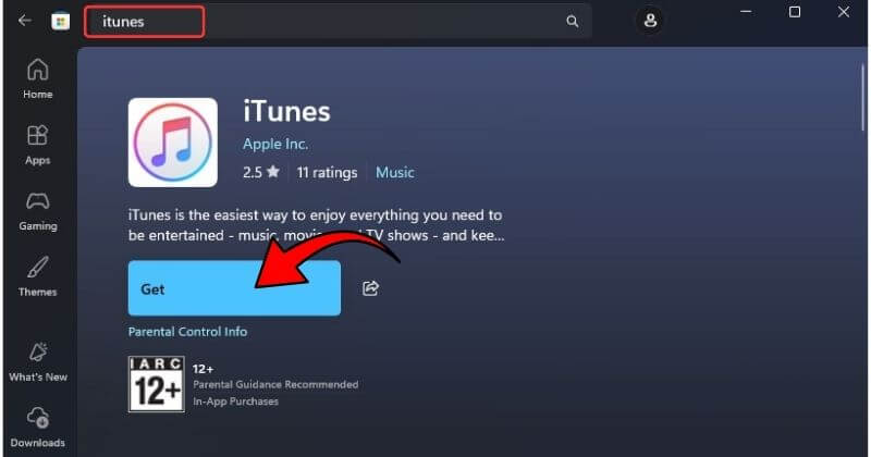 Click Get or Install button to download iTunes from Microsoft Store on Windows 11